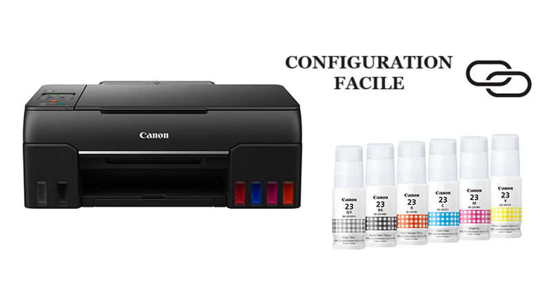 PIXMA G620 - Vue de face à côté de bouteilles d’encre