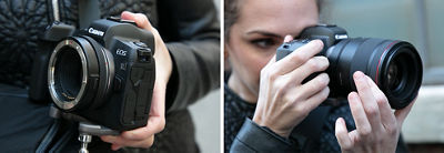 Side by side image showing the EOS without a lens on the left and with a lens on the right