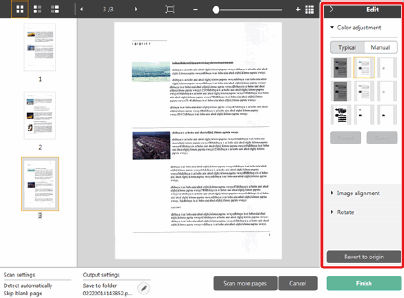 Operations for the scanned image edit window