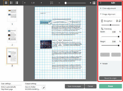 Operations for the scanned image edit window