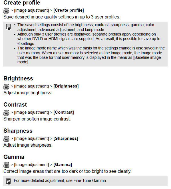 Menu Settings Image adjustment