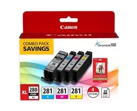 PGI-280 XL / CLI-281 Combo Ink Pack with Glossy Photo Paper (50 Sheets, 4"x6")