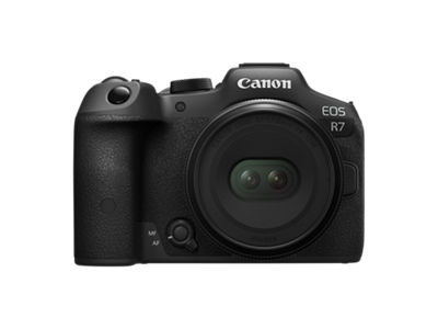 Canon RF-S7.8mm F4 STM DUAL lens on EOS R7 - Front view head on