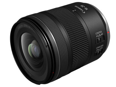 Canon RF16-28mm F2.8 IS STM lens 3/4 view