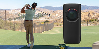 Male swinging golf club with device to the right