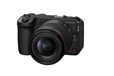 EOS R6 V with RF20-50mm F4 L IS USM PZ lens - angled view