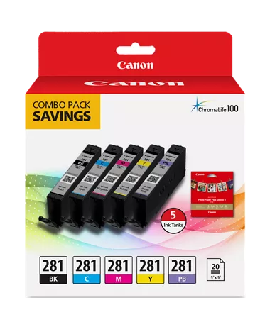 CLI-281 Black, Cyan, Magenta, Yellow and Photo Blue Combo Pack with 20 Sheets of Glossy 5&quot;x5&quot; Square Photo Paper (PP-301)