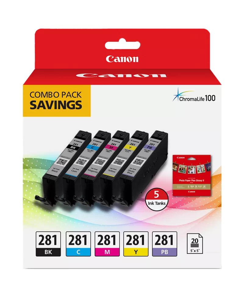 CLI-281 Black, Cyan, Magenta, Yellow and Photo Blue Combo Pack with 20 Sheets of Glossy 5&quot;x5&quot; Square Photo Paper (PP-301)