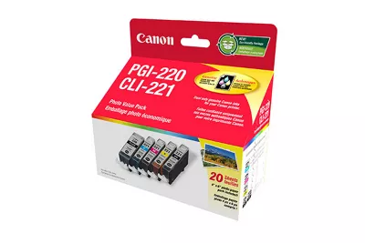 PGI-220 (noir)/CLI221 (quatre couleurs) emballage Combo d'encre avec papier photo Plus Glossy II (50 feuilles, 4 po x 6 po)