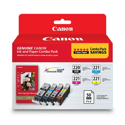 Canon PGI-220/CLI-221 Combo Ink Pack with Photo Paper Plus Glossy II (50 Sheets, 4"x6")