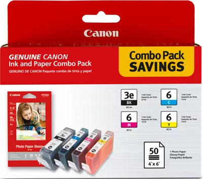 BCI-3e6 Ink Combo Pack with Photo Paper Glossy (50 Sheets, 4 in. x 6 in.)