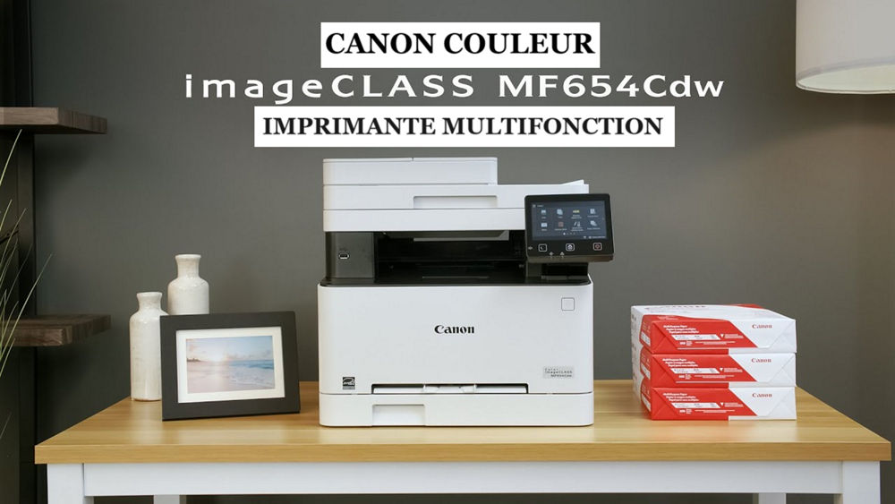 imageCLASS MF654Cdw - Imprimante sur une table entourée de papier et d’encre