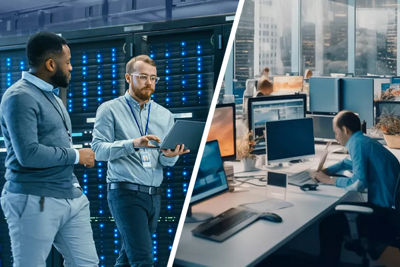 two men working in a server room and a woman working in front of a computer