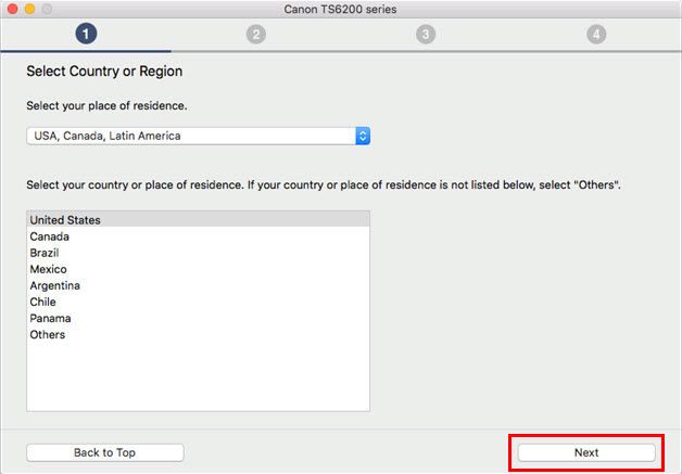 Region selected from drop-down and Next button selected.