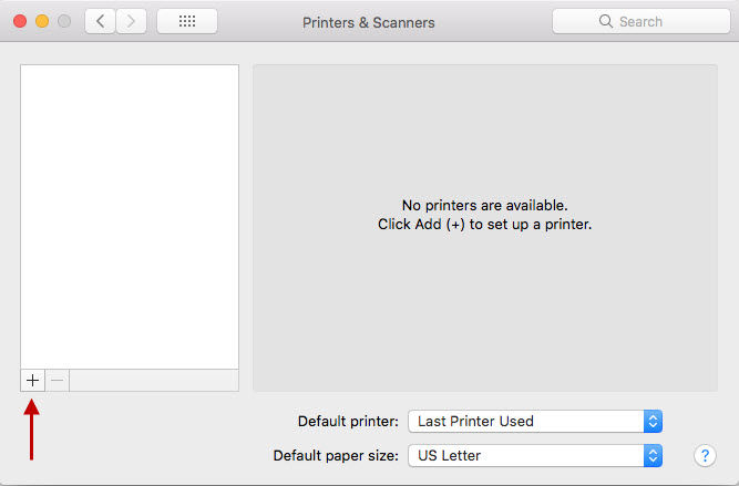 Printers & Scanners window with plus sign at lower left (to add a printer)