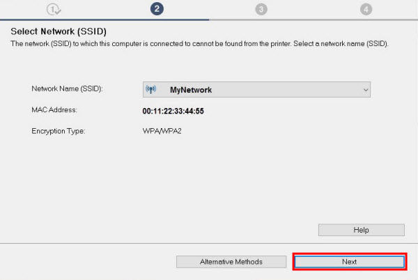 Select your network from the Network Name (SSID) dropdown list, then click Next (outlined in red)