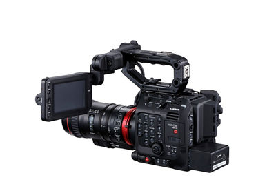 Canon C300 Mark III - Back Side Left with Cine-Servo 70-200mm and LCD on top