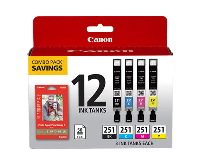 Canon Cli-251 12 Ink Combo Pack with Canon Photo Paper Plus Glossy 4x6" 50 Sheets for MG5620, MG6620, MG7520 Pixma Series Printers - Black; cyan;