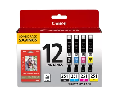 CLI-251 Black, Cyan, Magenta, & Yellow Combo Ink Pack with Photo Paper Plus Glossy II (50 Sheets, 4 in. x 6 in.)