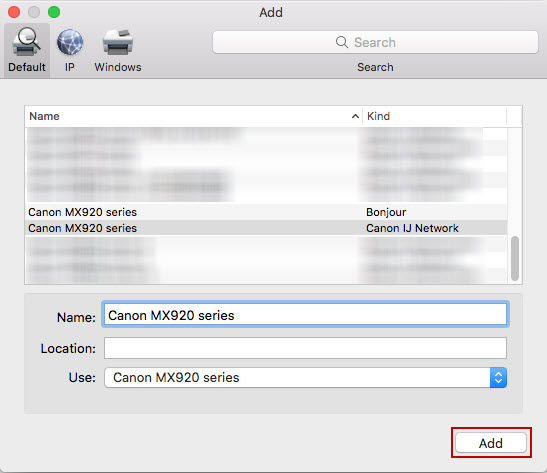 Add screen with Canon MX series under printer name and Use: drop-down