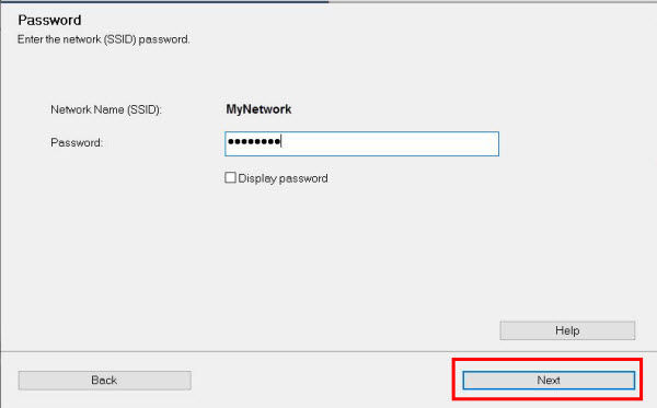 Enter your network password into the field provided, then click Next (outlined in red)