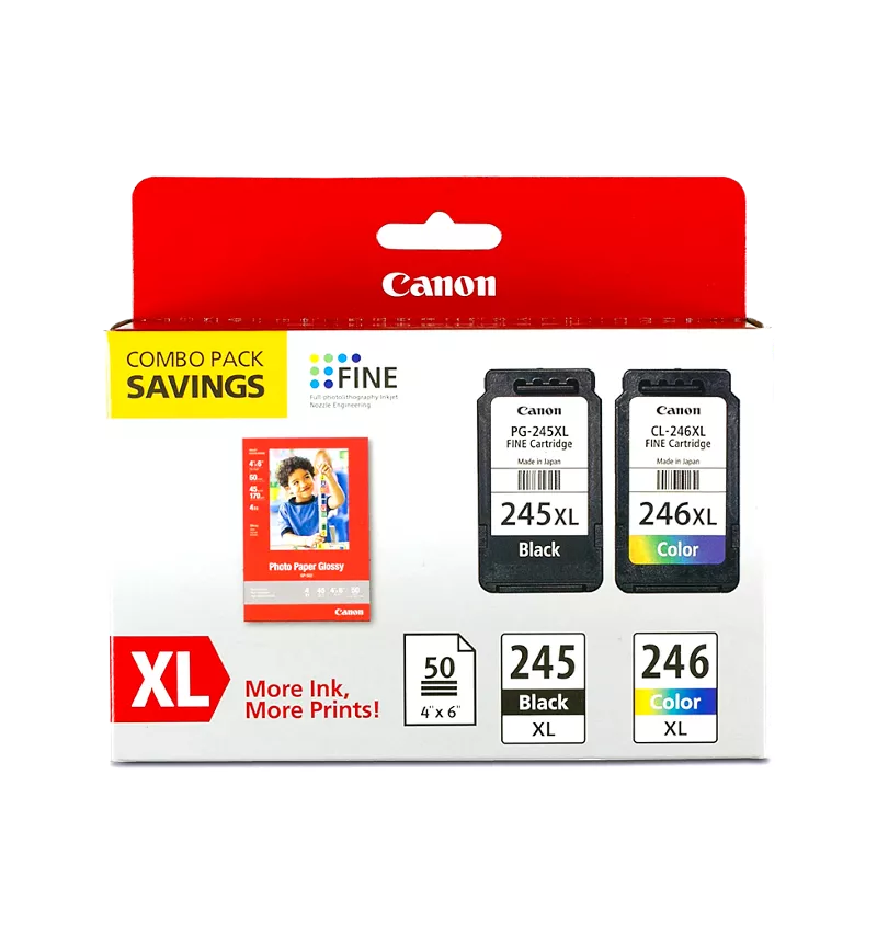 PG-245/CL-246 XL Combo Ink Pack with Photo Paper Glossy (50 Sheets, 4 x 6)