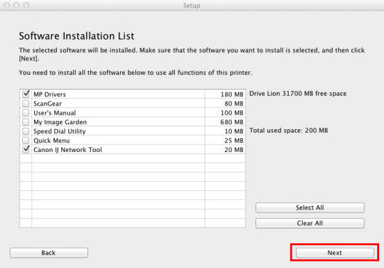 software list window with MP Drivers and Canon IJ Network tool selected