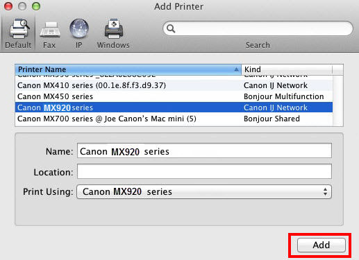 MX920 selected under printer name