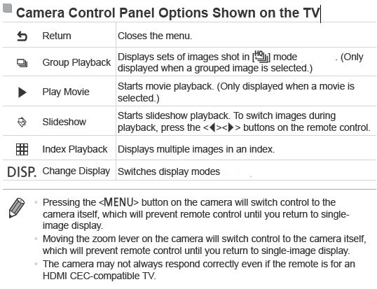 Camera Control Panel Options Shown on the TV