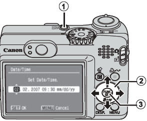 Procedure for setting the date/time on the PowerShot A570 IS.