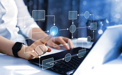 Man working on a computer with a visual of workflow processes