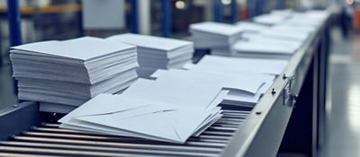 Conveyor belt with stacks of paper and mail