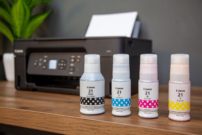 GI-21 Ink Set Bottles in Front of a PIXMA Printer