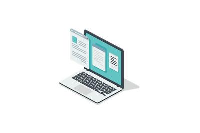 laptop with paper icons flying off screen