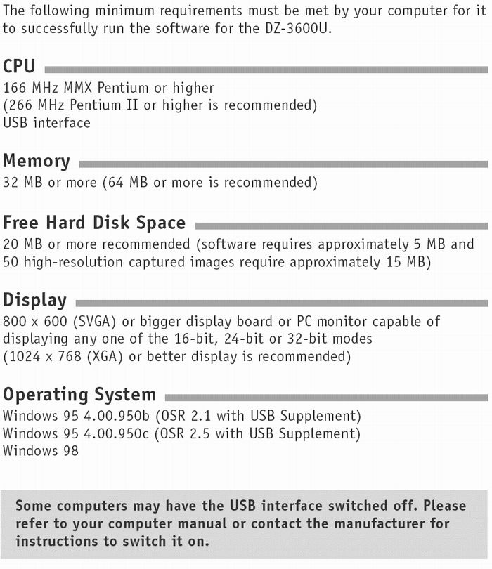 Minimum system requirements for the DZ-3600U