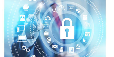 Person with mobile device showing security seal and documents in background