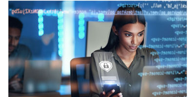 Woman working with Secure device and code around her