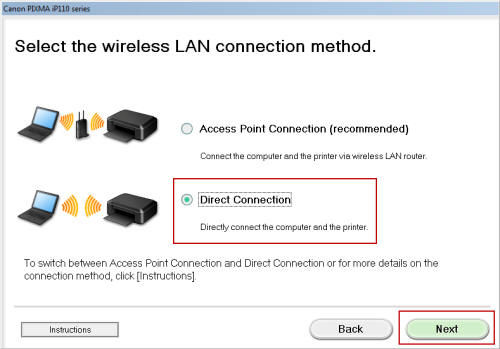 Installing a Printer Wirelessly via Direct Connection (Windows) - iP110