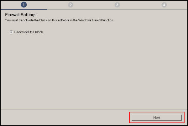 Firewall Settings screen with Deactivate the block box checked. Select Next button