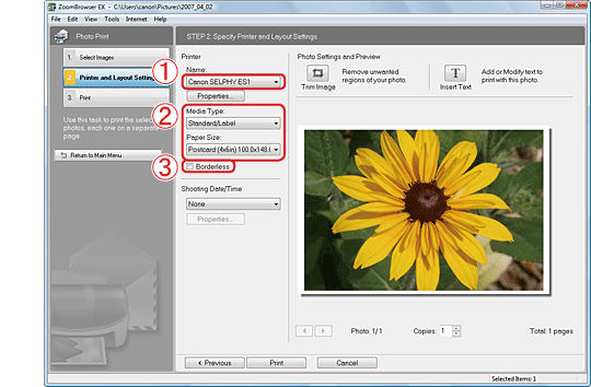 Printing an image using ZoomBrowser 6.x (One Photo per Page Print)