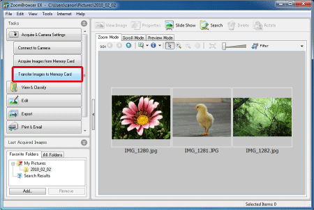 Transferring images to a memory card using a card reader using ...