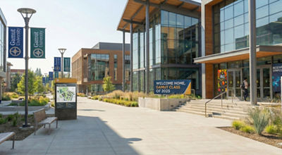 Banners lining the courtyard of a college building