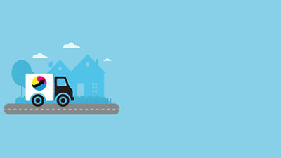 Illustration of a truck driving on a street with colorful background.