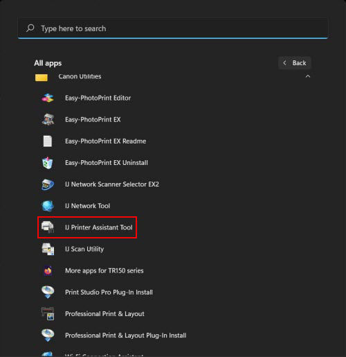 IJ Printer Assistant outlined in Start menu