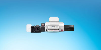 collage of canon products on a blue background