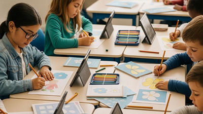 childern in school working at a table