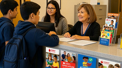 childern in school waiting at a counter