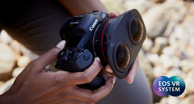 EOS R5 and Dual fisheye lens in hands