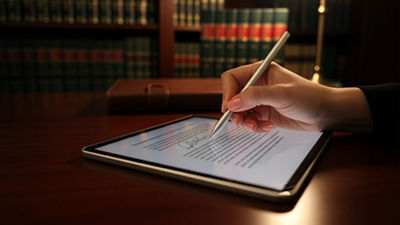 Hand of a person working on a tablet