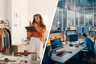 image of a woman working on a tablet and an image of a woman working in a data center